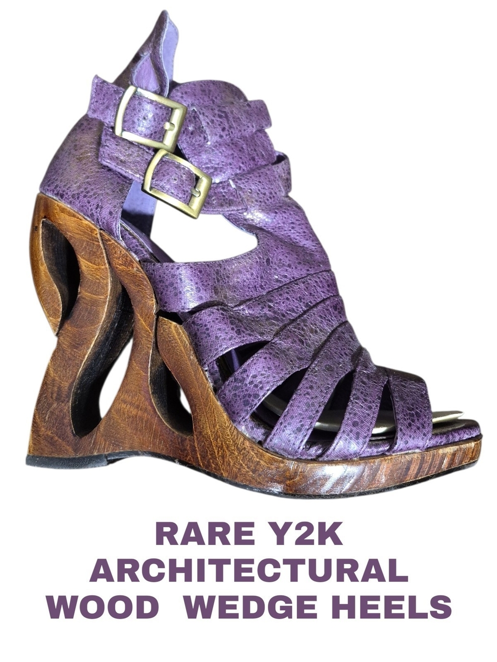 Vintage Y2K ICORA Architectural Cutout Wood Wedge Heels Purple/Gold Size 7